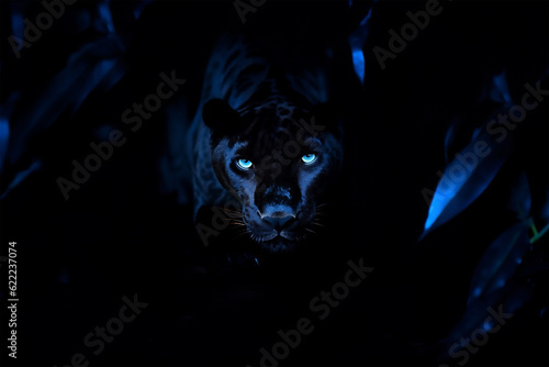 Fotografia Whild black panther with blue eyes at tropical jungle , toned background, genera