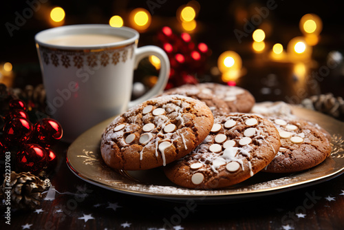 Gingerbread cookies and cocoa drink with Christmas decoration, holiday time, geenrative ai photo