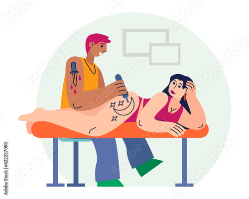 Concept of creating tattoo. Informal professional masters draw on body of client with machine on couch in salon. Lady getting tattoo on leg. Concept of tattoo lovers. Flat vector illustration