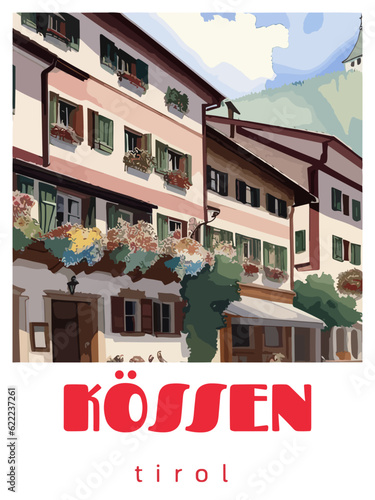 Kössen: Retro tourism poster with a Austrian landscape and the headline Kössen / Tirol