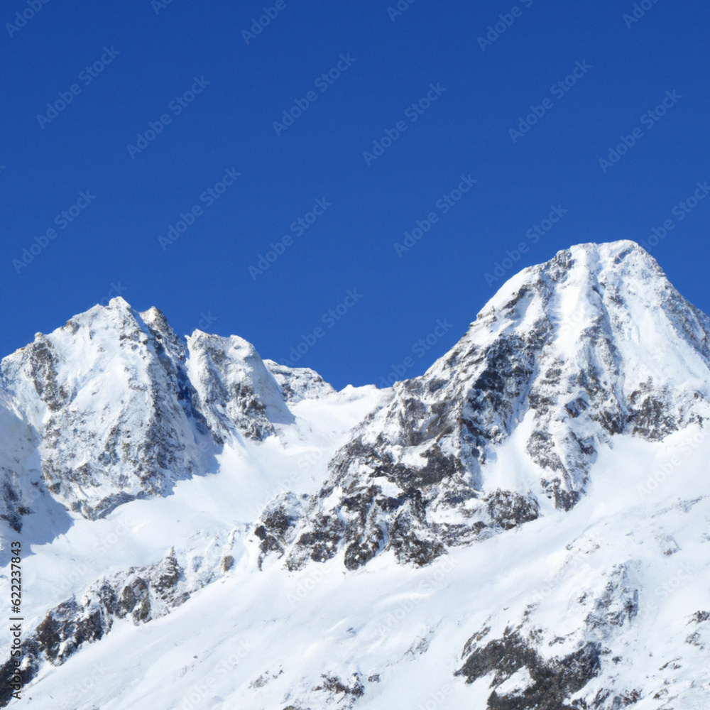 Snowy peaked mountains in sunny weather. Blue sky. Ski resort. Beautiful natural mountain landscape. Generated AI