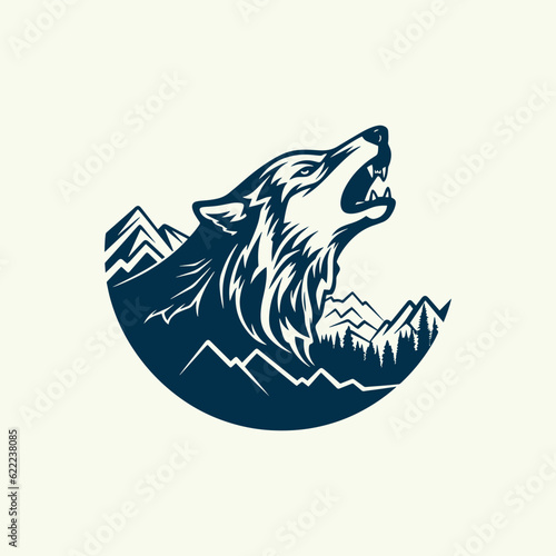 Wolf Logo Template. Majestic wolf silhouette against a mountain backdrop. Versatile vector template suitable for various design projects. photo