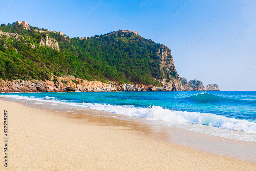 Beach of Cleopatra and old castle in Alanya, Antalya district, Turkey