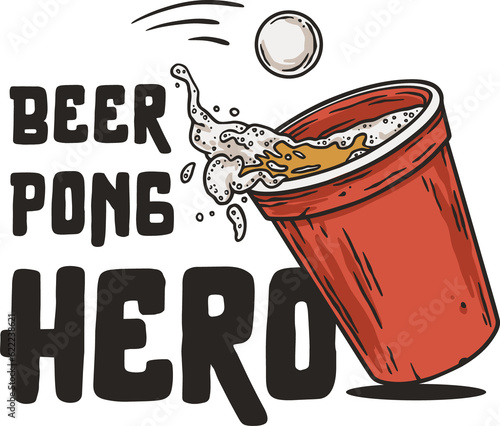 Beer pong game. T-shirt print with beer cup and flying ball for design competition or tournament in bar. Alcohol sport with throw and drink. College challenge with booze