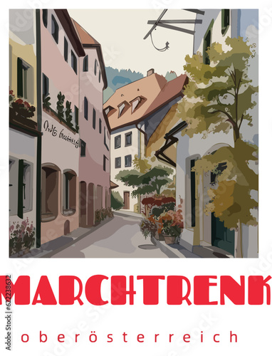Marchtrenk: Retro tourism poster with a Austrian landscape and the headline Marchtrenk / Oberösterreich
