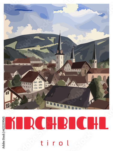 Kirchbichl: Retro tourism poster with a Austrian landscape and the headline Kirchbichl / Tirol