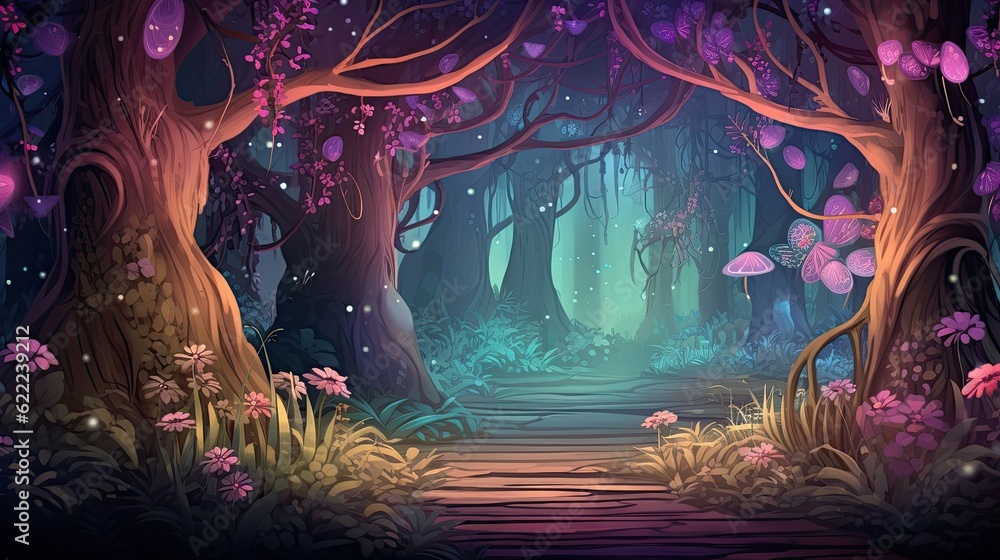 Fototapeta premium Night&nbsp;magical&nbsp;fantasy&nbsp;forest.&nbsp;Enchanted&nbsp;landscape, neon,&nbsp;with path shining by lantern. Magic nature background. Fairy-tale atmosphere. Mystery beautiful wonderland. AI illustration. .