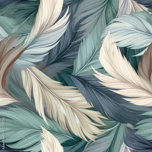 Seamless Pattern with green feathers. AI illustration. For wallpaper, background, wrapping paper, textile etc..