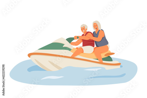 Cheerful old man and female companion riding on water scooter. Happy and modern pensioners having fun. Active senior adults concept. Recreation on water. Flat vector illustration in warm colors