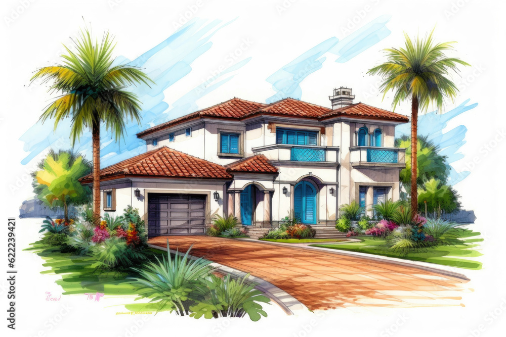 Fototapeta premium Luxury Florida Home against a White Background. Generative AI