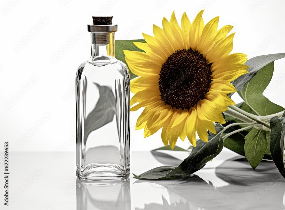 Sunflower oil, seeds and flower isolated on white background. Created with Generative AI technology. Sunflower oil, seeds and flower isolated on white background. Created with Generative AI technology.