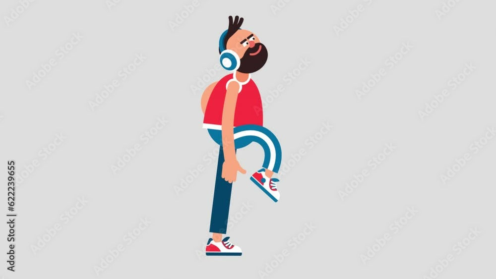 A bearded man wearing headphones is walking with a dancing stride -cartoon looped animation. A bearded man wearing headphones is walking with a dancing stride -cartoon looped animation.