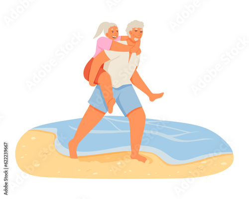 Aged man carrying wife on back. Happy pensioners spending time near sea. Sporty old couple resting outside. Flat vector illustration in orange colors in cartoon style
