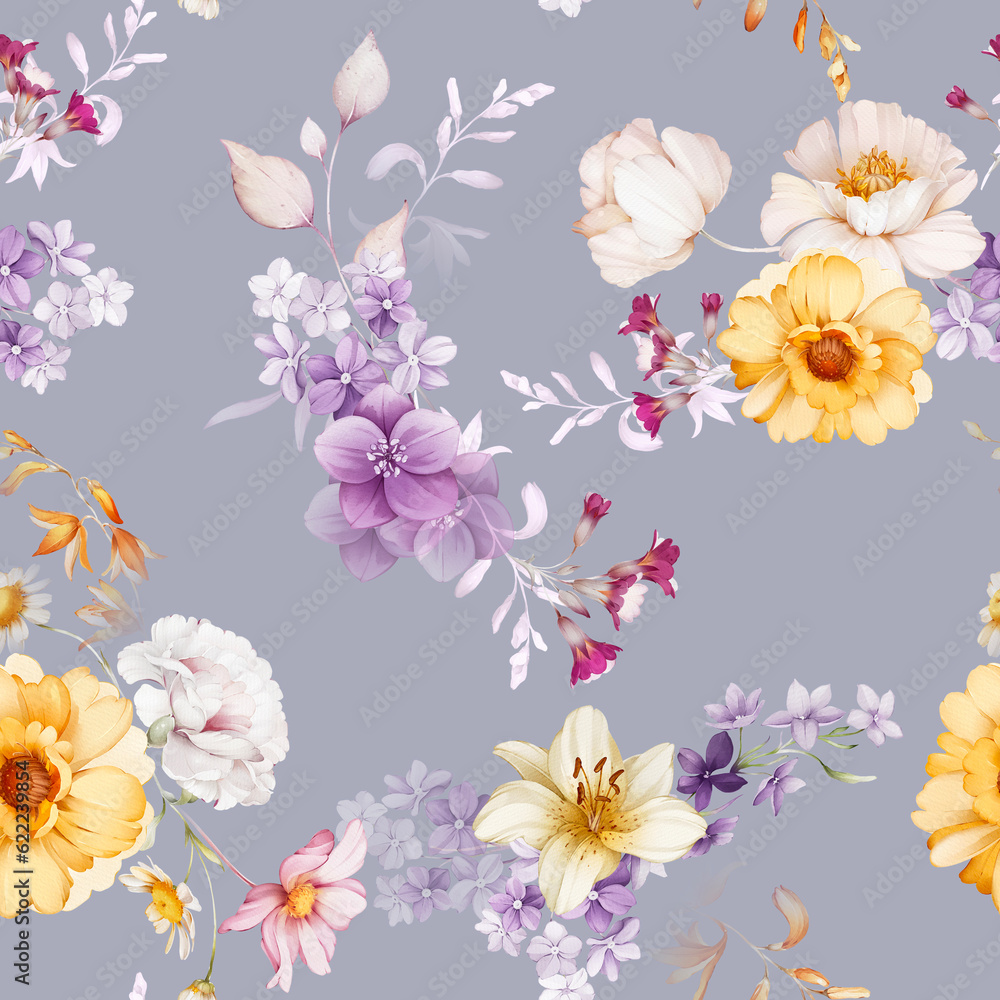 Seamless pattern with wildflowers in a watercolor style. Summer bouquet