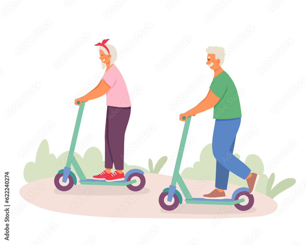 Happy couple riding kick scooter in park, Active and healthy lifestyle concept. Senior woman and man actively involved in sports, spend time together. Vector illustration in flat design Happy couple riding kick scooter in park, Active and healthy lifestyle concept. Senior woman and man actively involved in sports, spend time together. Vector illustration in flat design