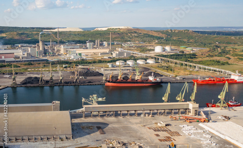Carbon footprint in the European Union aerial Unloading a dry cargo ship with coal in the port and loading a train with coal
