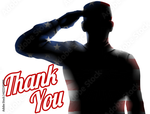 A soldier saluting silhouette with American flag design. photo