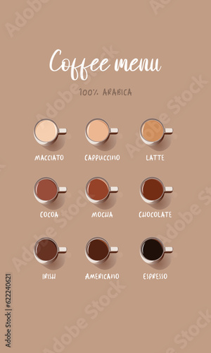 Coffee menu graphic design vector template. Set of different types of coffee, arabica