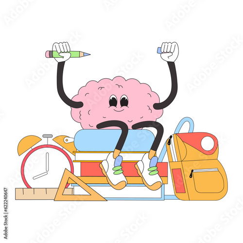 Boy brain student go to school vector illustration. Happy pupil or preschooler in funky groovy cartoon style sit on pile of books. Child with backpack and study supplies. Back to school concept.