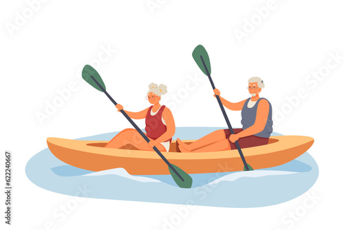 Two elderly couples engaged in rowing and canoeing. Happy and modern pensioners having fun. Active senior adults concept. Recreation on water. Flat vector illustration in warm colors