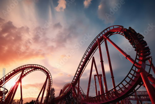 A picture of a rollercoaster or other thrill ride, with loops, drops, and twists that convey a sense of excitement and adrenaline, generative AI © Kien