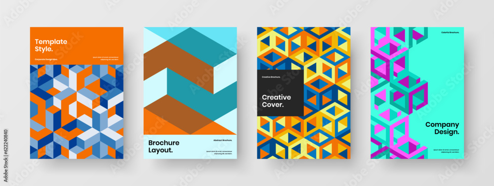 Modern geometric tiles front page concept bundle. Vivid company cover vector design template collection.