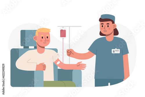 Male sitting in armchair and talking with nurse. Safe blood transplantation under the supervision of nurse. Blood transfusion concept. Flat vector illustration in cartoon style