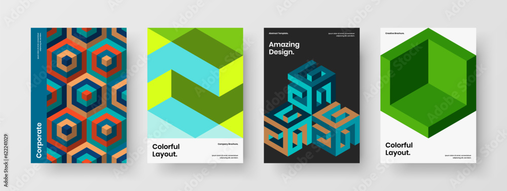 Vivid geometric tiles booklet template set. Trendy company identity vector design layout bundle.