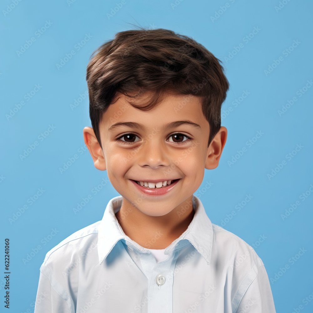 Portrait of a smiling little boy with brown hair. Closeup face of a handsome small kid smiling at the camera on a blue background. Front view, happy male Arab child in a white shirt. Portrait of a smiling little boy with brown hair. Closeup face of a handsome small kid smiling at the camera on a blue background. Front view, happy male Arab child in a white shirt.