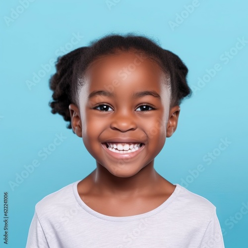 Portrait of a smiling African little girl with brown hair on a blue background. Happy small African kid with a smile and curly hair. Cheerful dark-skinned child in a blue shirt with shiny white teeth