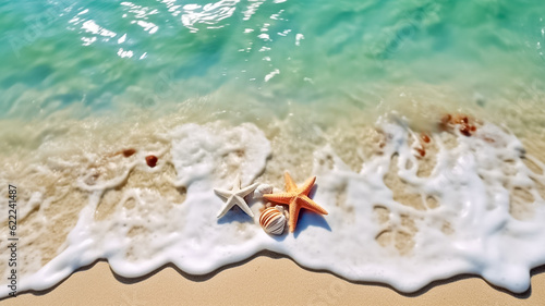 Shells and star on sand beach near wavy turquoise sea water. Beach vacation concept background. © BlazingDesigns