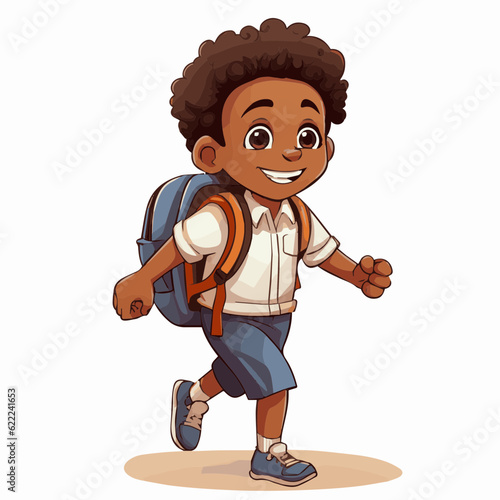 simple cartoon clipart black african american boy student child going to school white background