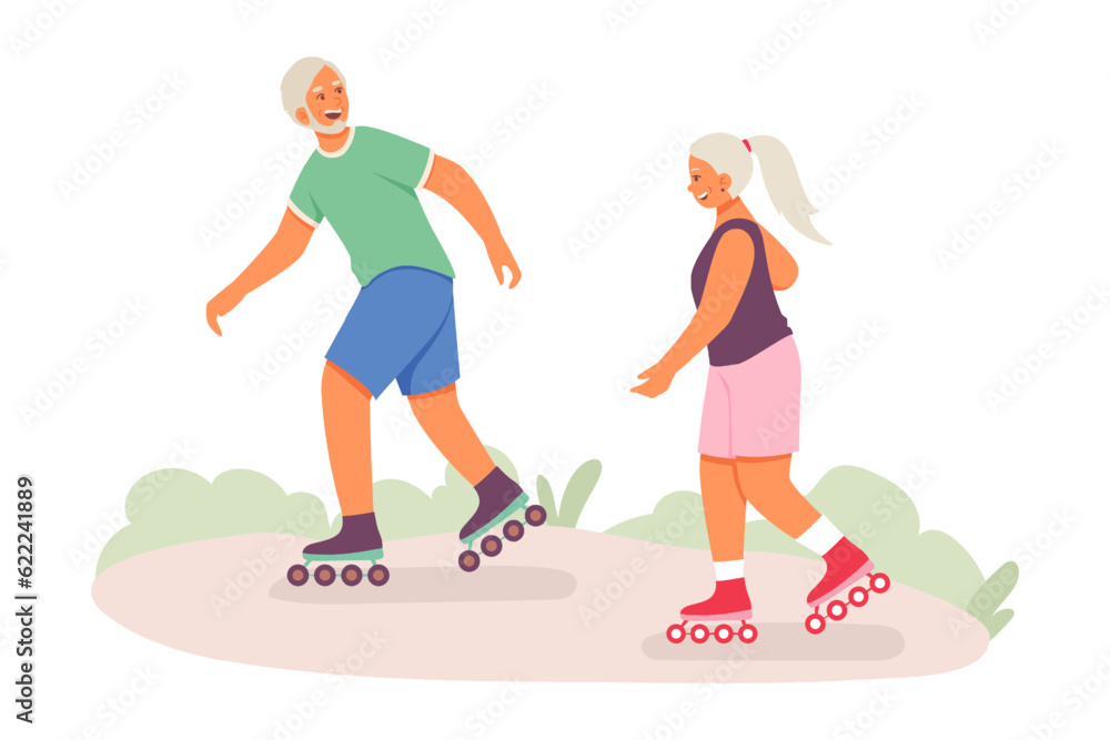 Sporty old woman and male rollerblading outside. Senior woman and man actively involved in sports, spend time together. Vector illustration in flat design