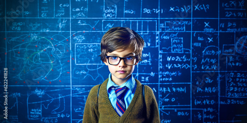 Inspiring young genius on blue backdrop, immersed in complex mathematical equation appearing in the air - a beautiful display of intellect. Generative AI