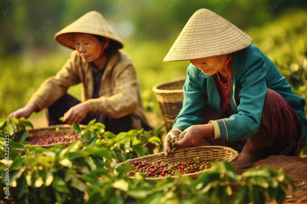 Female vietnamese farmers Picking Arabica coffee berries Robusta by hand. Generative Ai Female vietnamese farmers Picking Arabica coffee berries Robusta by hand. Generative Ai