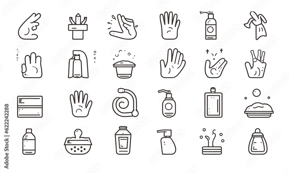 Cleanliness web symbol set inline style. Cleaning, washing hands, shower, workshop, cleanser, respiratory veil, germicide, clean, assortment. Vector Cleanliness web symbol set inline style. Cleaning, washing hands, shower, workshop, cleanser, respiratory veil, germicide, clean, assortment. Vector