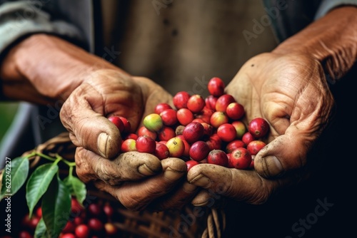 Agriculture picking coffee berries  Farmer s hand picking Arabica coffee berries or Robusta berries by the hands. Vietnam. Generative Ai