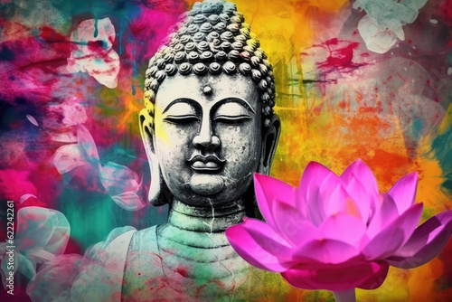Beautiful photo buddha and flowers splashed in bright paint  generative AI