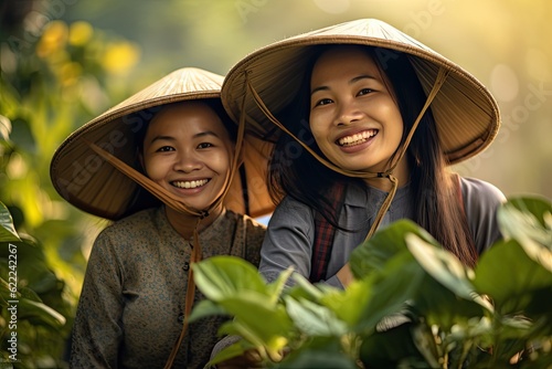 Happy Vietnamese female farmers in the coffee plantation. Generative Ai