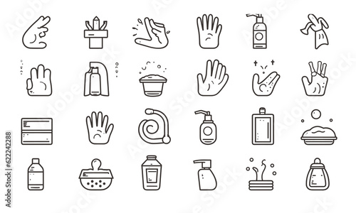 Cleanliness web symbol set inline style. Cleaning, washing hands, shower, workshop, cleanser, respiratory veil, germicide, clean, assortment. Vector