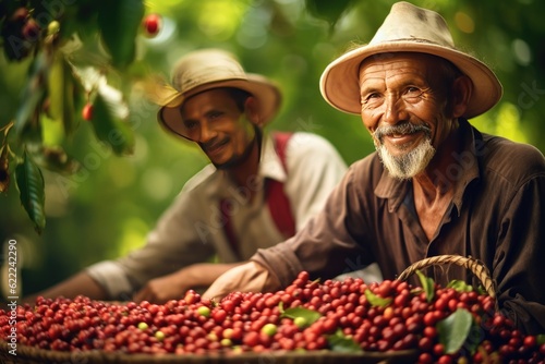 Portrait of happy Vietnamese farmers In the background, there is a farmer picking berries of Arabica and Robusta coffee. Generative Ai
