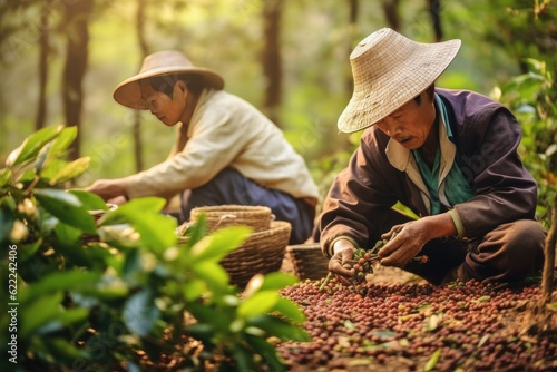 Vietnamese farmers Picking Arabica coffee berries Robusta by hand. Generative Ai