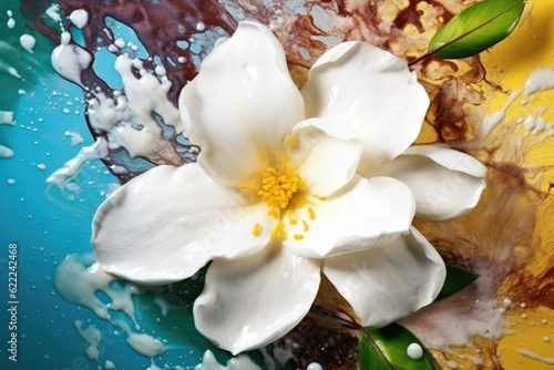 Beautiful photo jasmine splashed in bright paint, contemporary background, generative AI