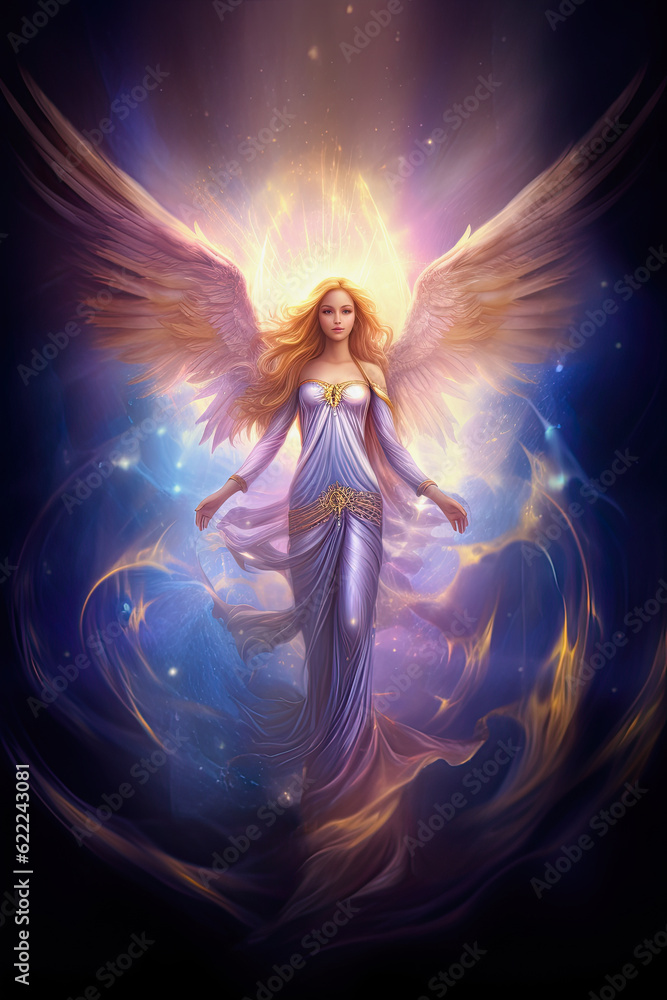 generative ai illustration of a beautiful shiny blonde angel in blue and purple colors generative ai illustration of a beautiful shiny blonde angel in blue and purple colors
