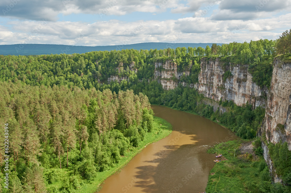 mountains and river view from above. Prytes river Ai. Satka city, Chelyabinsk region