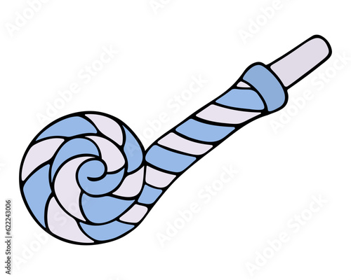 Tongue tongue. Plastic blue pipe with a long paper tongue. Spiral pattern. Color vector illustration. Isolated background. Cartoon style. Carnival tongue for a party. Idea for web design.