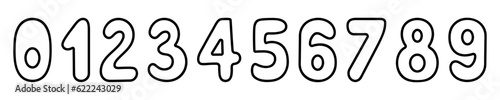 Numbers from 0 to 9. Arabic number symbols with rounded corners. Sketch. Vector illustration. Doodle style. Coloring book for children. Counting training. Outlines on an isolated background. 