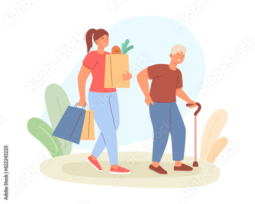 Young medical worker helping to elderly human. Lady helping to carry groceries and purchases to old man. Care of elderly people concept. Vector flat illustration in warm colors