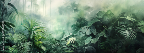 Tropical vegetation in rainforest with big leaves and haze. Green nature background with copy space.  