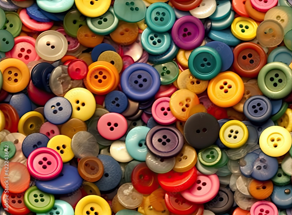 Many colorful garment buttons in various shapes and sizes. SEAMLESS PATTERN. Created with Generative AI technology. Many colorful garment buttons in various shapes and sizes. SEAMLESS PATTERN. Created with Generative AI technology.